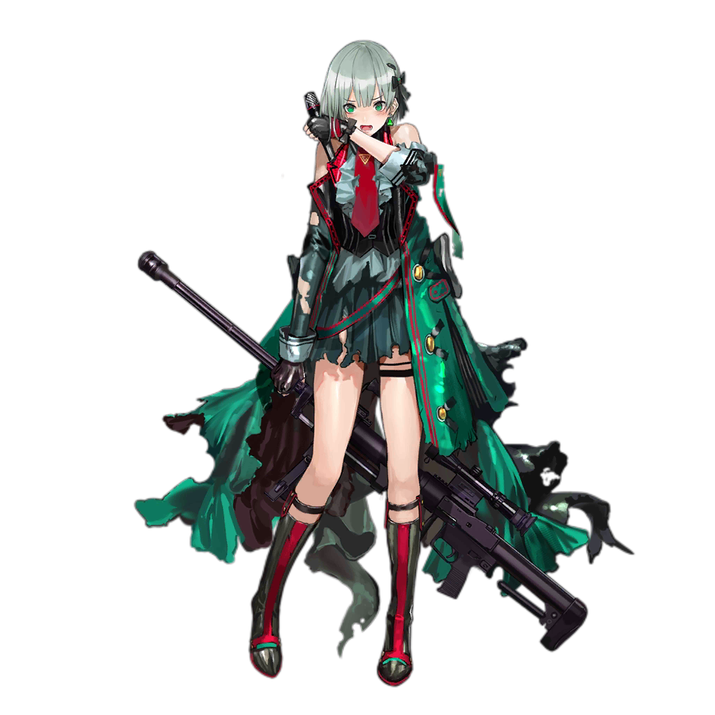 1girl black_footwear black_gloves blush boots earrings eyebrows_visible_through_hair fingerless_gloves full_body girls_frontline gloves green_eyes grey_hair gun high_heel_boots high_heels holding holding_gun holding_microphone holding_weapon infukun jewelry js05_(girls_frontline) knee_boots looking_at_viewer microphone official_art open_mouth short_hair solo torn_clothes transparent_background weapon