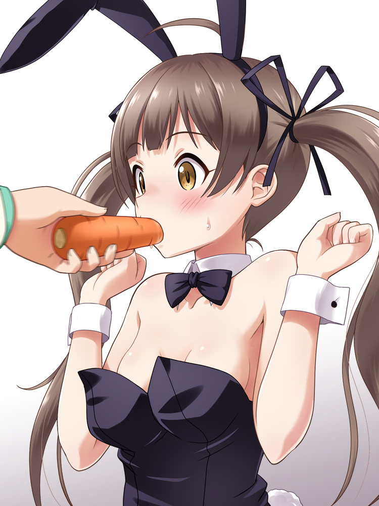 ahoge animal_ears bare_shoulders black_neckwear blush bow bowtie breasts brown_hair bunny_girl bunny_tail bunnysuit carrot collarbone commentary_request cuffs detached_collar feeding force_feeding hair_ribbon hakozaki_serika handcuffs haruna_mao idolmaster idolmaster_million_live! leotard long_hair orange_eyes out_of_frame oversized_clothes rabbit_ears ribbon simple_background small_breasts tail twintails upper_body w_arms white_background