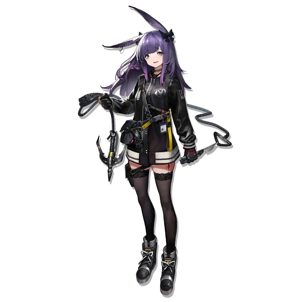 1girl :d animal_ears arknights bangs black_bow black_footwear black_gloves black_jacket black_legwear blush bow breasts choker combat_knife earrings eyebrows_visible_through_hair gloves gradient_hair grappling_hook grey_eyes hair_bow heibaise_jiangshi holding holding_knife jacket jewelry knife long_hair long_sleeves looking_at_viewer medium_breasts multicolored_hair name_tag official_art open_mouth pouch purple_hair rabbit_ears rope_(arknights) shoes smile snap-fit_buckle sneakers solo tachi-e tail thigh-highs thighs transparent_background weapon