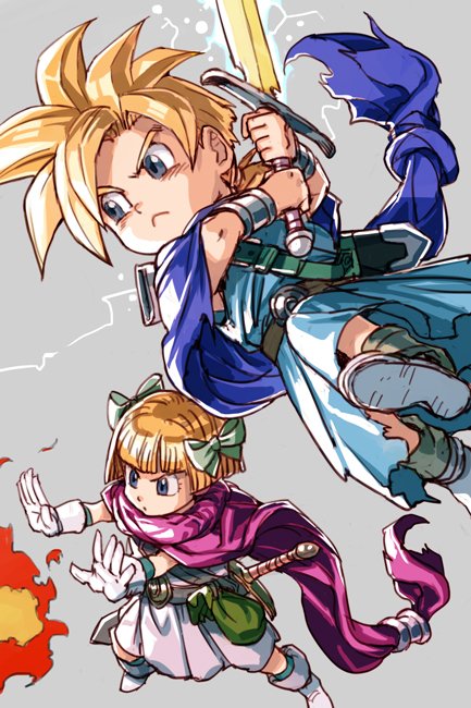 1boy 1girl blonde_hair blue_eyes bow brother_and_sister cape closed_mouth dragon_quest dragon_quest_v hair_bow hankuri hero's_daughter_(dq5) hero's_son_(dq5) short_hair siblings simple_background sword twins weapon