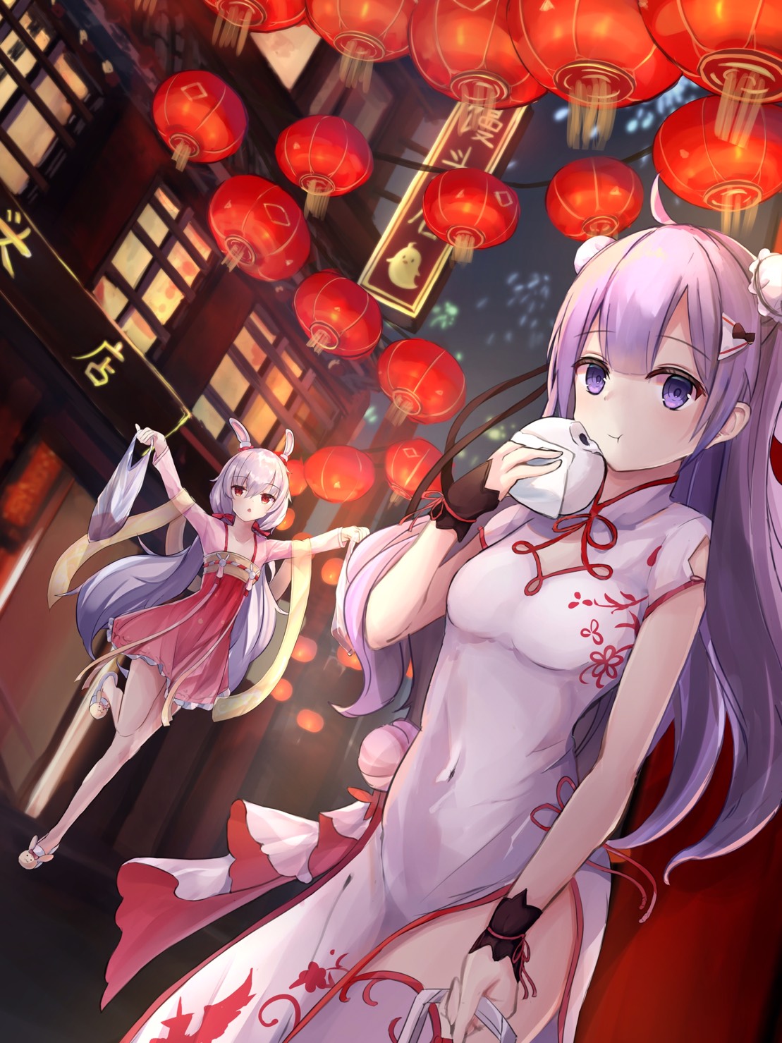 2girls :t ahoge animal_ears animal_slippers azur_lane bag bangs baozi bare_legs bow breasts building bun_cover bunny_slippers china_dress chinese_clothes chinese_new_year chinese_text commentary_request covered_navel cowboy_shot double_bun dress eating eyebrows_visible_through_hair fake_animal_ears fireworks flat_chest food full_body hair_between_eyes hair_bow hairband hanfu highres holding holding_food kouhaku_nawa kurohikage laffey_(azur_lane) laffey_(new_year_rabbit)_(azur_lane) lantern long_hair long_sleeves looking_at_viewer low_twintails manjuu_(azur_lane) multiple_girls night paper_lantern plastic_bag pleated_dress purple_hair rabbit_ears red_bow red_eyes red_hairband see-through_sleeves shawl side_bun side_slit sidelocks sign slippers small_breasts standing standing_on_one_leg triangle_mouth twintails unicorn_(azur_lane) unicorn_(spring's_present)_(azur_lane) violet_eyes white_dress white_hair white_legwear window wrist_cuffs yellow_shawl
