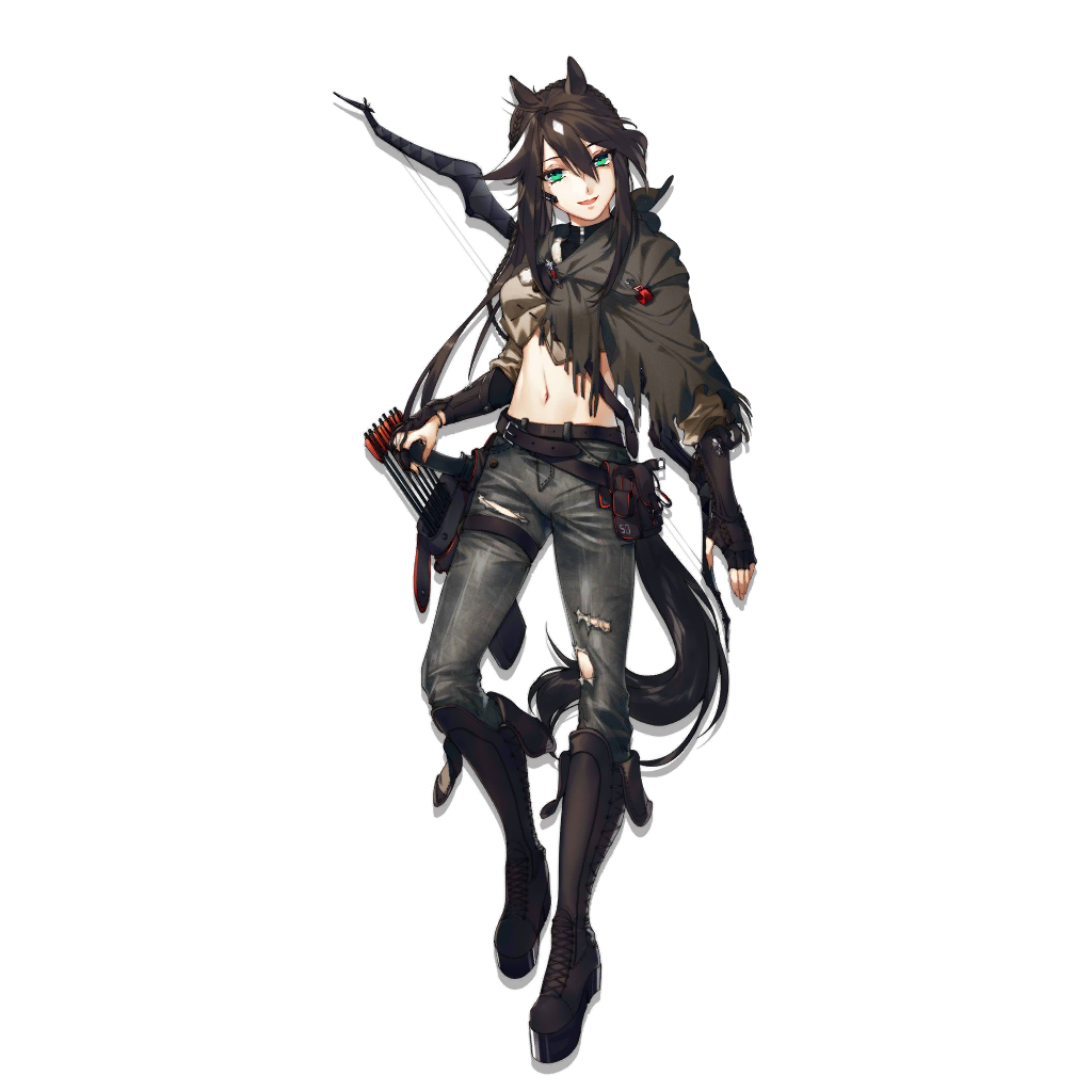 1girl :d animal_ears arknights arm_guards bangs belt boots bow_(weapon) breasts brown_footwear brown_gloves brown_hair buckle crop_top cross-laced_footwear denim fingerless_gloves full_body gloves green_eyes grey_pants hair_between_eyes headset horse_ears horse_tail hug_(yourhug) jeans knee_boots long_hair looking_at_viewer medium_breasts meteor_(arknights) midriff multicolored_hair navel open_mouth pants ponytail pouch quiver sidelocks smile solo streaked_hair tachi-e tail thigh_strap toned torn_clothes torn_pants transparent_background very_long_hair weapon white_hair