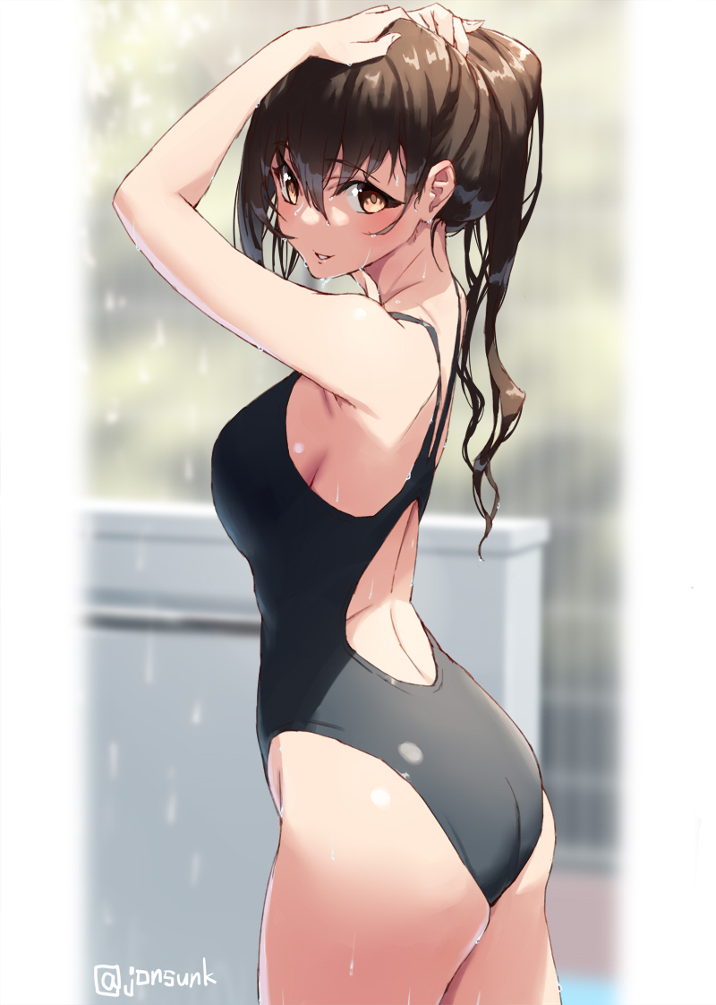 1girl armpits arms_up ass bangs black_swimsuit blurry blurry_background blush breasts brown_eyes brown_hair commentary_request competition_swimsuit cowboy_shot day depth_of_field dripping eyebrows_visible_through_hair hair_between_eyes jonsun large_breasts long_hair one-piece_swimsuit original outdoors parted_lips ponytail sideboob skindentation smile solo swimsuit twitter_username water wet wet_hair