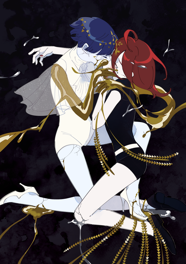 2others bangs belt black_clothes black_footwear black_shorts blue_hair blunt_bangs closed_eyes collar collared_shirt commentary_request damaged from_side full_body gem_uniform_(houseki_no_kuni) gold golden_arms hachibani hair_between_eyes houseki_no_kuni hug kiss long_bangs medium_hair multiple_others neckwear pale_skin phosphophyllite phosphophyllite_(ll) redhead see-through shinsha_(houseki_no_kuni) shirt shoes short_hair short_sleeves shorts simple_background spoilers white_belt white_footwear white_neckwear white_skin