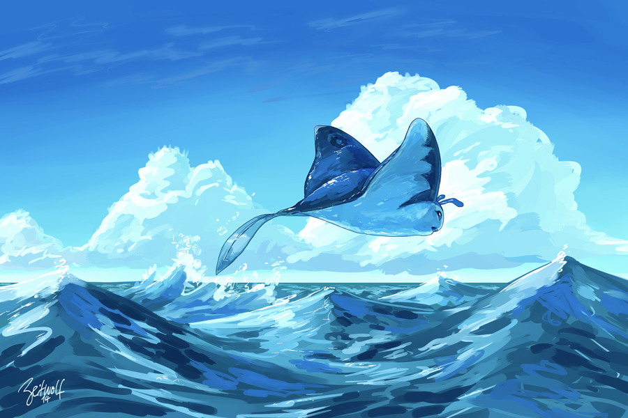 artist_name blue_eyes blue_theme clouds mantine no_humans ocean open_mouth pokemon sky solo water zeitwolf