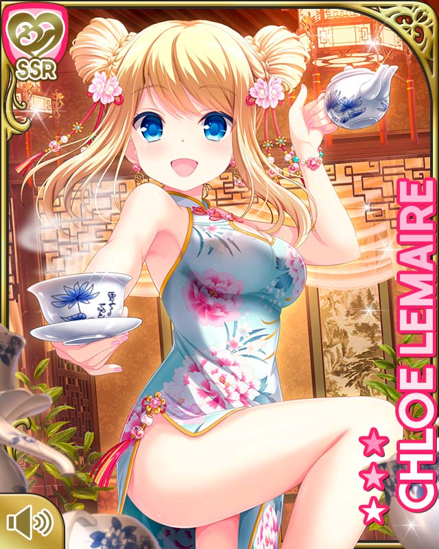 1girl arm_up armpits blonde_hair blue_eyes bracelet breasts character_name china_dress chinese_clothes chloe_lemaire cup double_bun dress floral_print flower girlfriend_(kari) hair_bun hair_flower hair_ornament indoors jewelry leg_up long_hair official_art open_mouth outstretched_arm qp:flapper ribbon saucer sleeveless sleeveless_dress smile solo standing standing_on_one_leg steam teacup teapot thighs white_dress