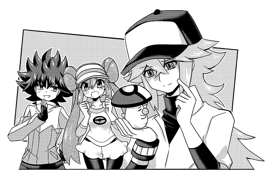1girl 2boys ayateaori baseball_cap blush creature double_bun foongus gen_5_pokemon greyscale hat holding holding_pokemon hue_(pokemon) long_hair looking_at_another looking_at_viewer monochrome multiple_boys n_(pokemon) pokemon pokemon_(creature) pokemon_special spiky_hair tears twintails whi-two_(pokemon)