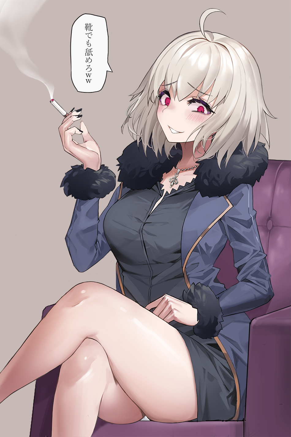 1girl ahoge bangs black_shirt blue_jacket blush breasts commentary_request eto_(nistavilo2) eyebrows_visible_through_hair fate/grand_order fate_(series) fur_trim highres jacket jeanne_d'arc_(alter)_(fate) jeanne_d'arc_(fate)_(all) jewelry large_breasts long_hair looking_at_viewer necklace red_background shirt short_hair silver_hair simple_background sitting solo translation_request yellow_eyes