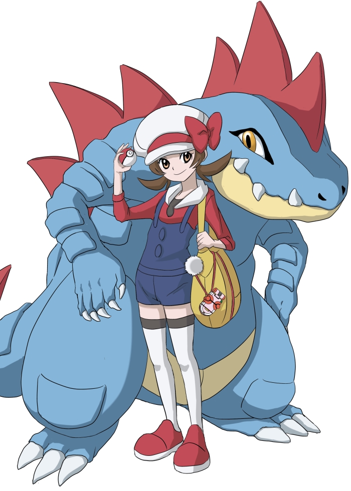 1girl bag brown_eyes brown_hair claws creature feraligatr flat_chest full_body gen_2_pokemon hat hat_ribbon holding holding_poke_ball kosumo_(kosuhoshi) kotone_(pokemon) overalls poke_ball poke_ball_(generic) pokegear pokemon pokemon_(creature) pokemon_(game) pokemon_hgss ribbon shoes simple_background smile standing thigh-highs twintails white_background white_headwear white_legwear