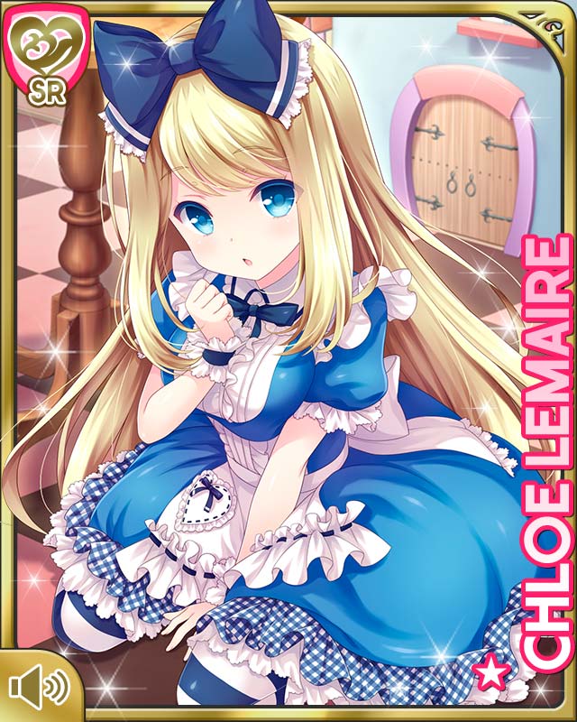 1girl alice_(wonderland) alice_(wonderland)_(cosplay) alice_in_wonderland apron between_legs blonde_hair blue_dress blue_eyes bow breasts character_name checkered checkered_floor chloe_lemaire cosplay door dress girlfriend_(kari) hair_bow hand_between_legs hand_to_own_mouth long_hair official_art open_mouth qp:flapper ribbon sitting solo striped striped_legwear table thigh-highs waist_apron white_apron wrist_cuffs