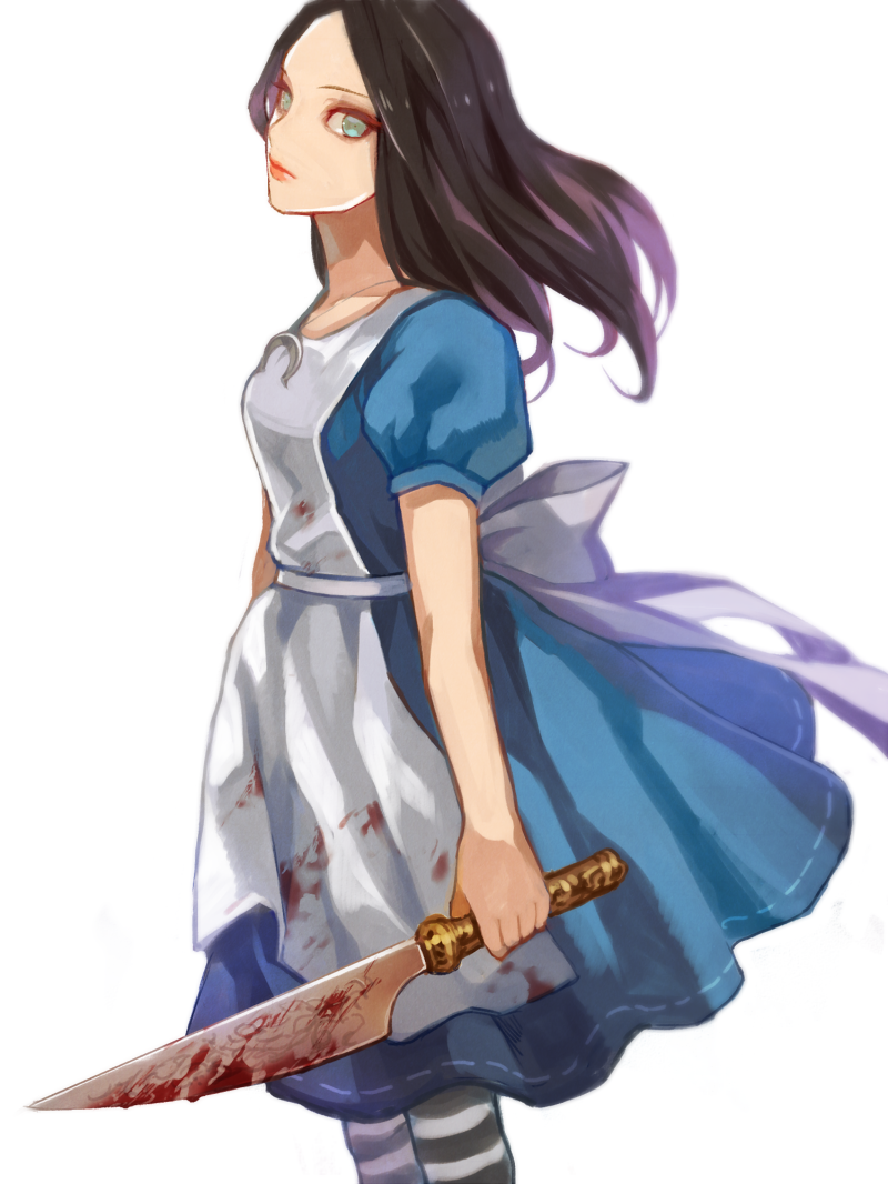 1girl alice:_madness_returns alice_(wonderland) american_mcgee's_alice apron black_hair blood breasts closed_mouth commentary_request dress jupiter_symbol knife long_hair looking_at_viewer pantyhose popompon simple_background solo striped striped_legwear weapon white_background