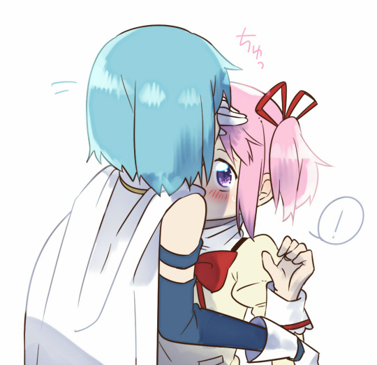 ! 2girls bare_shoulders blue_hair blush cape detached_sleeves facing_away forehead_kiss from_behind gloves hand_on_another's_head hand_up juliet_sleeves kaname_madoka kirikuchi_riku kiss long_sleeves looking_at_another looking_up mahou_shoujo_madoka_magica miki_sayaka mitakihara_school_uniform multiple_girls neck_ribbon nervous pink_hair puffy_sleeves red_ribbon ribbon school_uniform shiny shiny_hair short_hair short_twintails simple_background speech_bubble speed_lines spoken_exclamation_mark sweatdrop translation_request twintails uniform upper_body violet_eyes white_background white_cape white_gloves wide-eyed