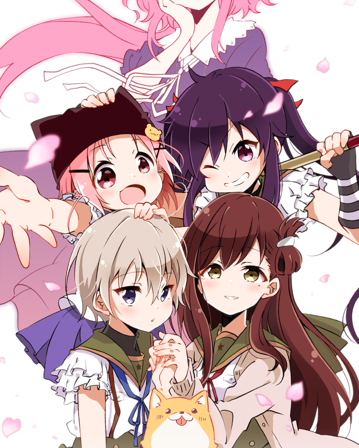 5girls bear_hair_ornament blue_eyes blue_ribbon blush brown_hair cardigan cherry_blossoms dog dress ebisuzawa_kurumi fingerless_gloves gakkou_gurashi! gloves hair_ornament hair_ribbon hairclip hat holding holding_hands long_hair long_sleeves looking_at_viewer mole mole_under_eye multiple_girls naoki_miki one_eye_closed open_mouth pink_hair purple_dress purple_hair red_ribbon ribbon sakura_megumi school_uniform short_hair short_sleeves shovel silver_hair smile spoilers takeya_yuki taroumaru_(gakkou_gurashi) tongue tongue_out twintails violet_eyes wakasa_yuuri white_ribbon x_hair_ornament yellow_eyes yucco_kxoxc