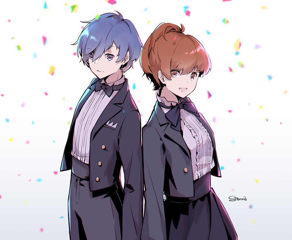 1boy 1girl blue_eyes breasts brown_hair commentary_request female_protagonist_(persona_3) formal looking_at_viewer persona persona_3 persona_3_portable short_hair simple_background sionne7724 smile suit yuuki_makoto