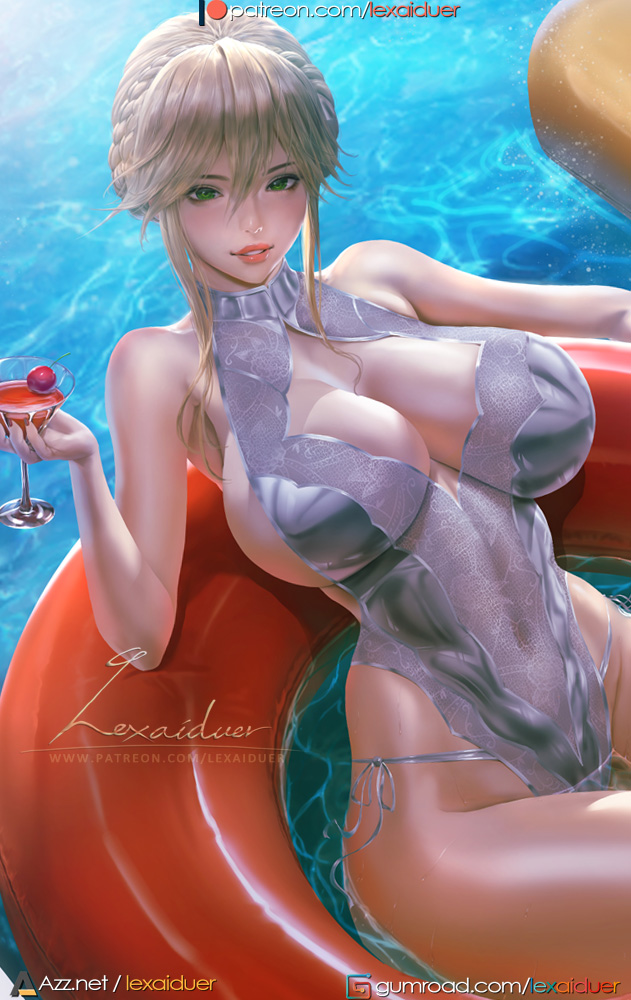artist_name artoria_pendragon_(all) bare_shoulders blonde_hair braid breasts fate/grand_order fate_(series) from_above green_eyes halterneck huge_breasts lexaiduer one-piece_swimsuit overed_navel panties partially_submerged side-tie_panties smile swimsuit underwear water