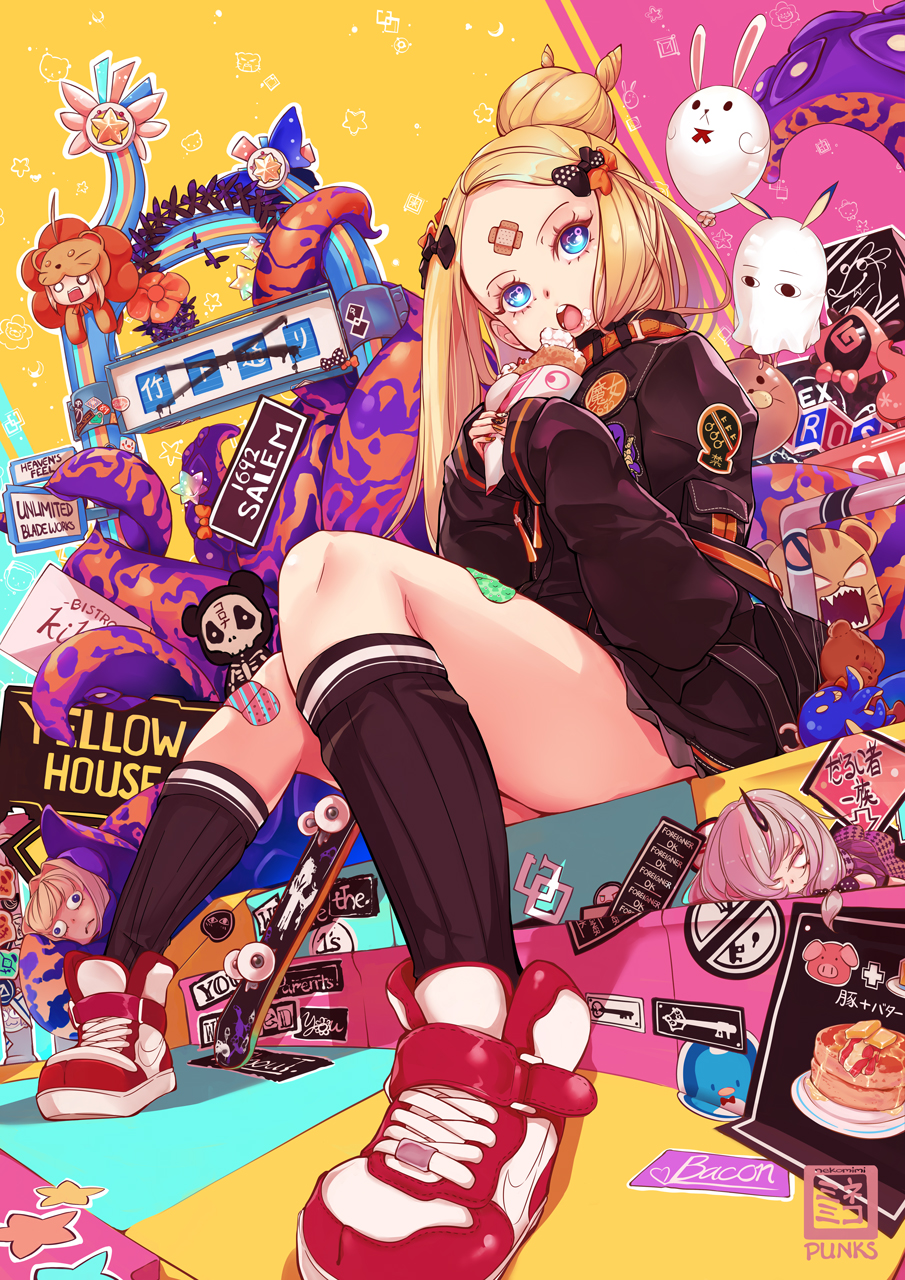1girl abigail_williams_(fate/grand_order) balloon bandaid_on_forehead bangs black_bow black_jacket black_legwear blonde_hair blue_eyes blush bow breasts crepe crossed_bandaids eating fate/grand_order fate_(series) food forehead hair_bow hair_bun heroic_spirit_traveling_outfit highres jacket kneehighs legs long_hair long_sleeves looking_at_viewer multiple_bows nekomimipunks open_mouth orange_belt orange_bow parted_bangs polka_dot polka_dot_bow red_footwear shoes sitting sleeves_past_wrists small_breasts sneakers solo tentacles yellow_background