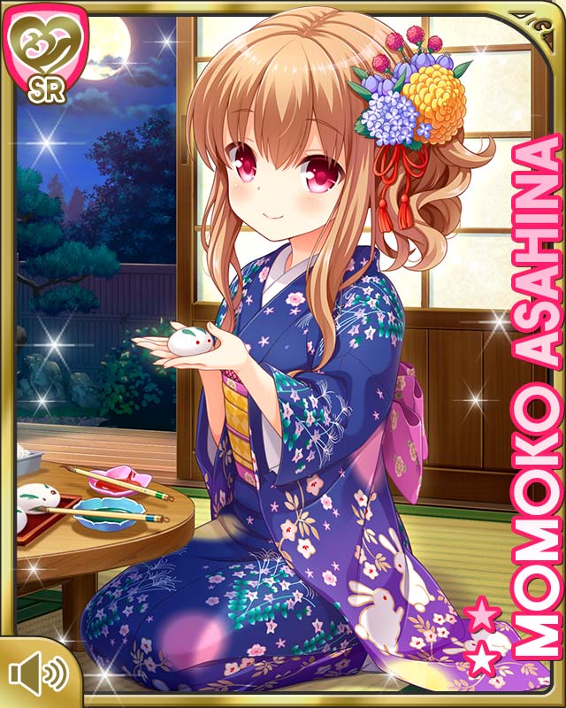 1girl asahina_momoko brown_hair character_name floral_print flower full_moon girlfriend_(kari) hair_flower hair_ornament holding japanese_clothes kimono long_hair moon night night_sky obi official_art paintbrush ponytail print_kimono purple_kimono qp:flapper red_eyes sash sitting sky smile solo table tatami tree