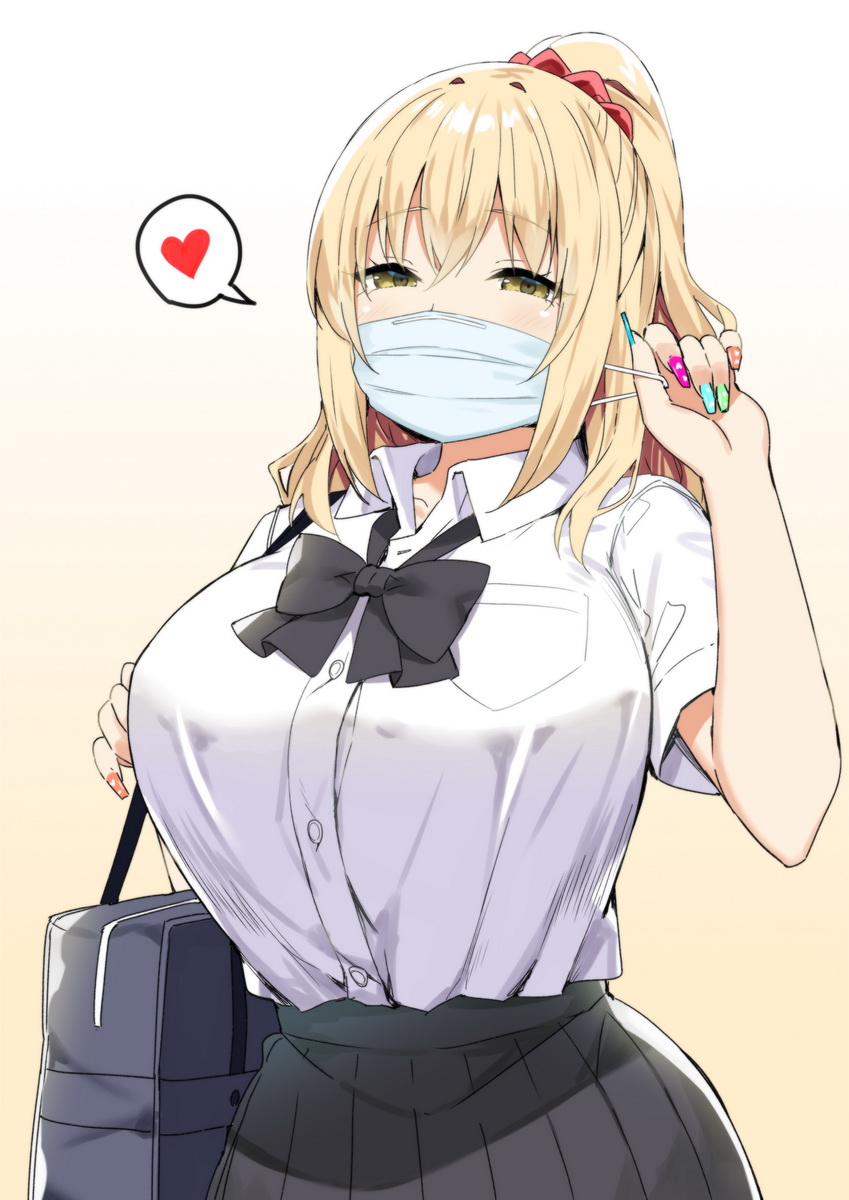 1girl bag bangs black_neckwear black_skirt blonde_hair blonde_onee-san_(sky_(freedom)) bow bowtie breasts commentary eyebrows_visible_through_hair fingernails gradient gradient_background hair_between_eyes hair_ornament hair_scrunchie hand_up heart highres huge_breasts long_fingernails long_hair looking_at_viewer multicolored multicolored_nails nail_polish original ponytail red_scrunchie scrunchie shirt short_sleeves simple_background skirt sky_(freedom) solo spoken_heart surgical_mask white_shirt yellow_background yellow_eyes