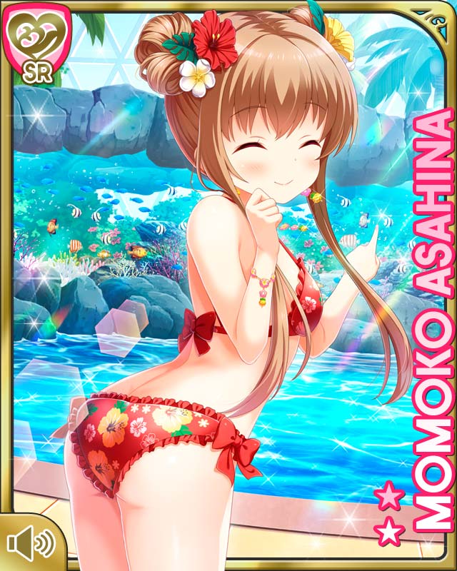 1girl arm_up asahina_momoko ass bikini bracelet breasts brown_hair character_name clenched_hand closed_eyes double_bun fish floral_print flower from_behind girlfriend_(kari) hair_bun hair_flower hair_ornament hand_to_own_mouth jewelry long_hair looking_back official_art pointing qp:flapper red_bikini small_breasts smile solo swimsuit