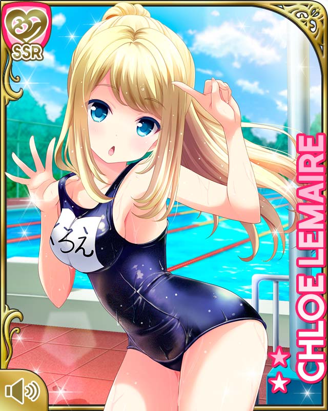1girl arm_up blonde_hair blue_eyes breasts character_name chloe_lemaire clouds girlfriend_(kari) index_finger_raised leaning_forward long_hair official_art one-piece_swimsuit open_mouth outdoors pointing pool qp:flapper school_swimsuit sky solo swimsuit
