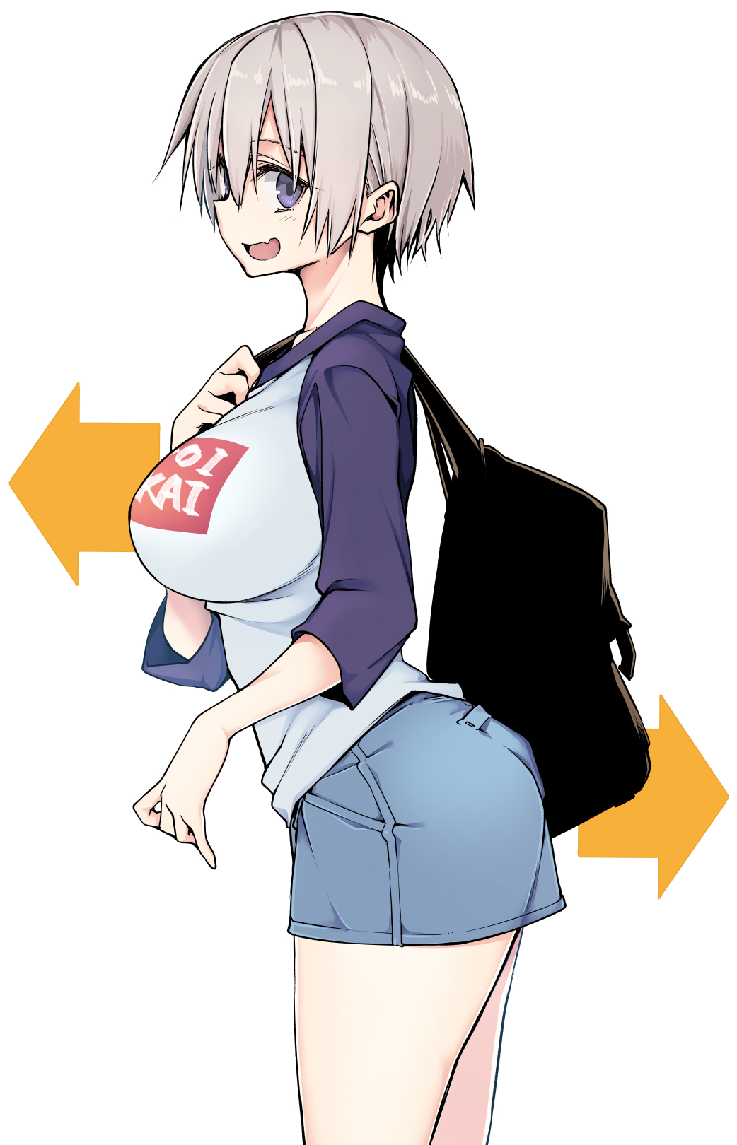 10mo 1girl :d arrow ass bag bangs black_bag breasts curvy denim denim_shorts eyebrows_visible_through_hair fang grey_hair handbag highres hood hoodie large_breasts no_legwear open_mouth short_hair shorts simple_background smile solo standing uzaki-chan_wa_asobitai! uzaki_hana violet_eyes white_background white_hoodie