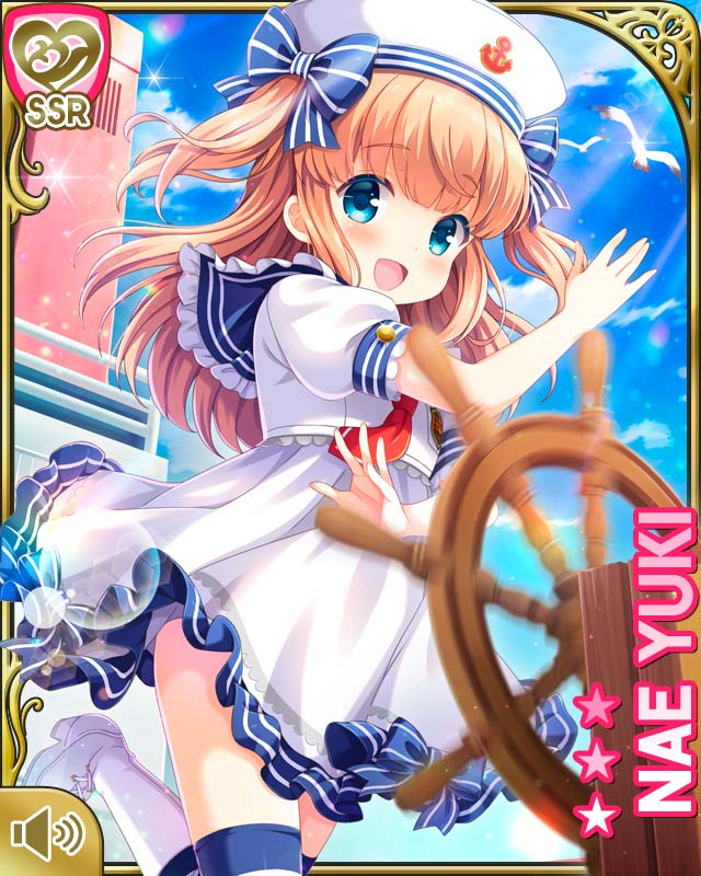 1girl arm_up bird blue_eyes boots bow brown_hair character_name clouds dress girlfriend_(kari) hair_bow hat long_hair motion_blur official_art open_mouth outdoors qp:flapper ribbon sailor_collar sailor_dress seagull ship's_wheel sky smile solo standing standing_on_one_leg striped striped_legwear thigh-highs two_side_up white_dress white_footwear white_headwear yuuki_nae