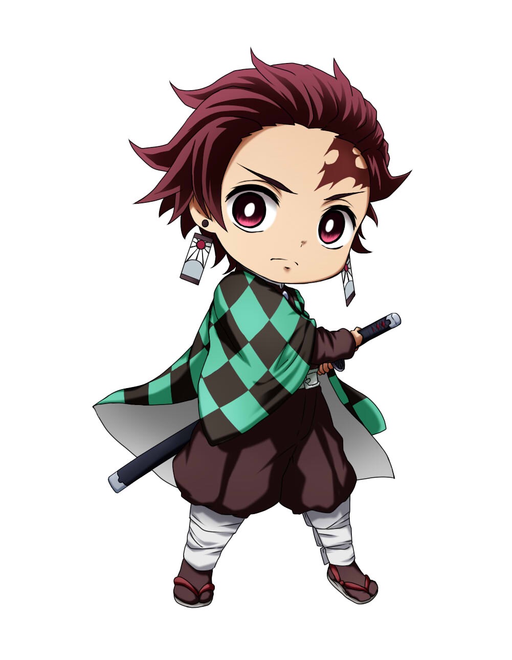 &gt;:( 1boy brown_hair brown_jacket brown_pants checkered chibi closed_mouth eating facial_scar forehead_scar full_body highres jacket kamado_tanjirou katana kimetsu_no_yaiba kuena light_frown long_sleeves looking_at_viewer male_focus open_clothes pants puffy_pants ready_to_draw red_eyes scar sheath sheathed simple_background solo standing sword v-shaped_eyebrows weapon white_background wide_sleeves