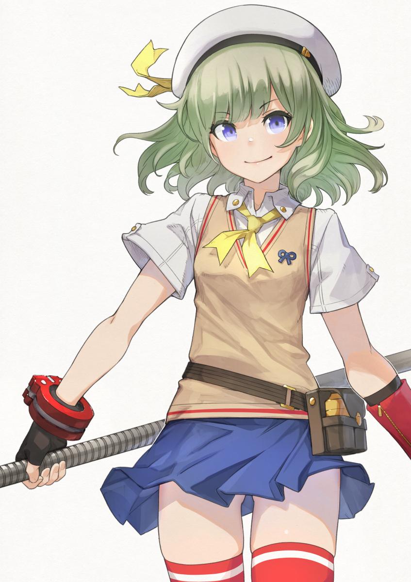 1girl bangs belt black_gloves blue_eyes blush breasts commentary_request erina_der_vogelweid eyebrows_visible_through_hair fingerless_gloves gloves god_eater god_eater_2:_rage_burst green_hair hat highres holding long_hair looking_at_viewer open_mouth pleated_skirt red_gloves red_legwear school_uniform short_hair short_sleeves simple_background skirt solo sweater_vest thigh-highs white_background white_headwear yunar