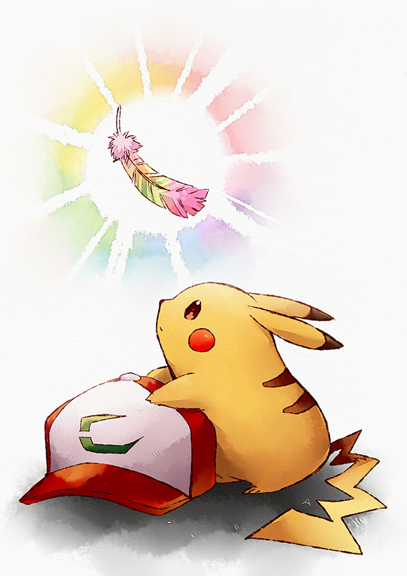 baseball_cap commentary_request creature feathers full_body gen_1_pokemon glowing hat kisaragi_itsuka_(aufheben) no_humans pikachu pokemon pokemon_(anime) pokemon_(creature) pokemon_m20 simple_background solo standing white_background