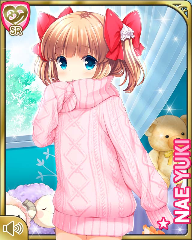 1girl blue_eyes bow brown_hair character_name girlfriend_(kari) hair_bow indoors long_hair no_pants official_art pink_sweater qp:flapper ribbon sleeves_past_wrists solo stuffed_animal stuffed_toy sweater teddy_bear turtleneck turtleneck_sweater two_side_up window yuuki_nae