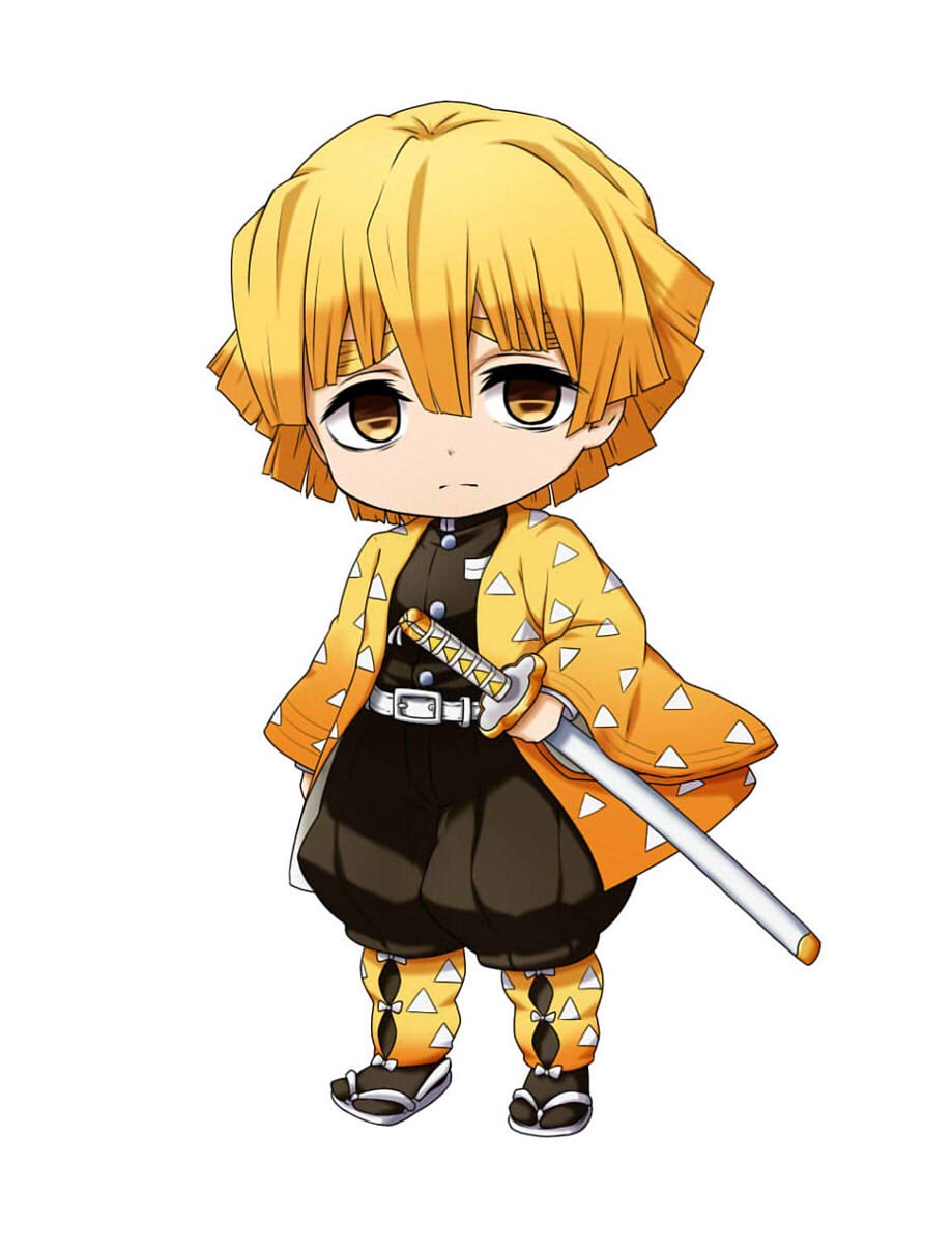 1boy agatsuma_zenitsu bangs belt belt_buckle black_jacket black_pants blonde_hair brown_hair buckle chibi closed_mouth eyebrows_behind_hair full_body hair_between_eyes highres holding holding_sheath jacket katana kimetsu_no_yaiba kuena light_frown long_sleeves looking_at_viewer male_focus open_clothes open_jacket pants puffy_pants sheath sheathed simple_background solo standing sword thick_eyebrows weapon white_background white_belt white_footwear wide_sleeves zouri