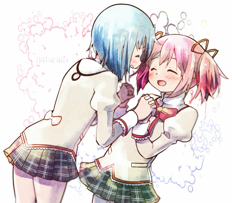 2girls :d ^_^ bare_legs black_skirt blue_hair blurry blush bubble_background closed_eyes cowboy_shot depth_of_field dot_nose english_text flat_chest furrowed_eyebrows happy holding_hands interlocked_fingers juliet_sleeves kaname_madoka kirikuchi_riku long_sleeves mahou_shoujo_madoka_magica miki_sayaka mitakihara_school_uniform multiple_girls neck_ribbon open_mouth pink_hair plaid plaid_skirt pleated_skirt profile puffy_sleeves red_ribbon ribbon school_uniform shiny shiny_hair short_hair short_twintails simple_background skirt smile twintails uniform white_background