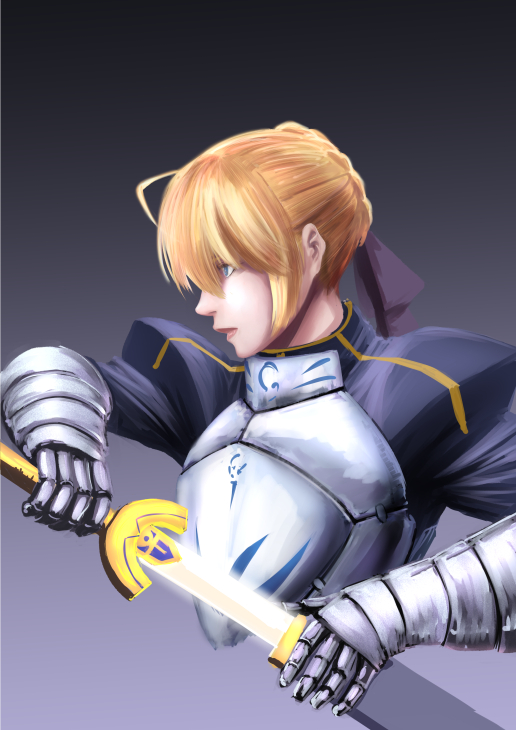 1girl ahoge armor artoria_pendragon_(all) blonde_hair blue_eyes bow braid braided_bun breastplate excalibur fate/stay_night fate_(series) gauntlets glowing glowing_sword glowing_weapon gradient gradient_background grey_background hair_between_eyes hair_bow holding holding_sword holding_weapon ishii_hisao parted_lips plate_armor profile puffy_sleeves purple_bow saber sheath solo sword unsheathing upper_body weapon