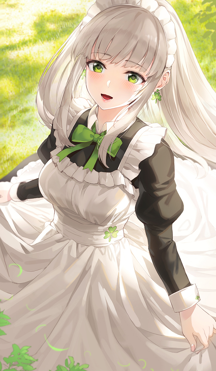 1girl apron apron_hold bangs black_dress blush breasts clover_earrings commentary_request day dress earrings eyebrows_visible_through_hair grass green_eyes green_neckwear green_ribbon highres jewelry juliet_sleeves kfr long_hair long_sleeves maid maid_headdress medium_breasts neck_ribbon original outdoors puffy_sleeves ribbon sidelocks silver_hair solo very_long_hair white_apron