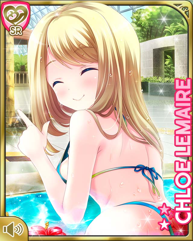 1girl arm_up ass bikini blonde_hair breast_rest breasts character_name chloe_lemaire closed_eyes from_behind girlfriend_(kari) index_finger_raised long_hair looking_back official_art partially_submerged pool poolside qp:flapper red_bikini sideboob smile solo swimsuit tree water wet
