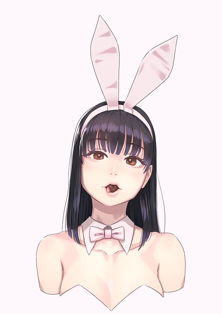 1girl animal_ears bare_shoulders black_hair blush bow bowtie breasts bunny_girl candy chocolate chocolate_heart collarbone detached_collar eyebrows_visible_through_hair fake_animal_ears food food_in_mouth heart long_hair looking_at_viewer mouth_hold open_mouth original portrait rabbit_ears simple_background solo upper_body white_background yuuji_(and)