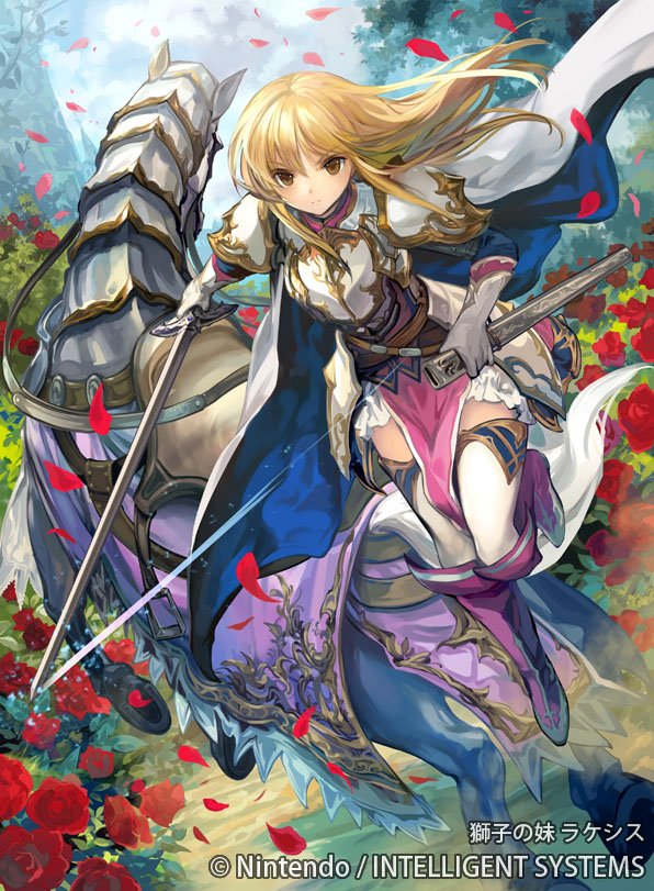 1girl artist_request blonde_hair boots fire_emblem fire_emblem:_genealogy_of_the_holy_war fire_emblem_cipher horse lachesis_(fire_emblem) official_art sword weapon yellow_eyes