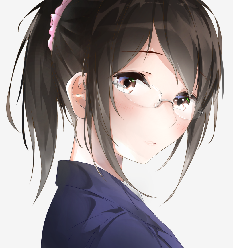 1girl akitsuki_hiroya blush brown_eyes brown_hair glasses hair_ornament hair_scrunchie medium_hair original pink_scrunchie ponytail portrait school_uniform scrunchie sidelocks solo white_background