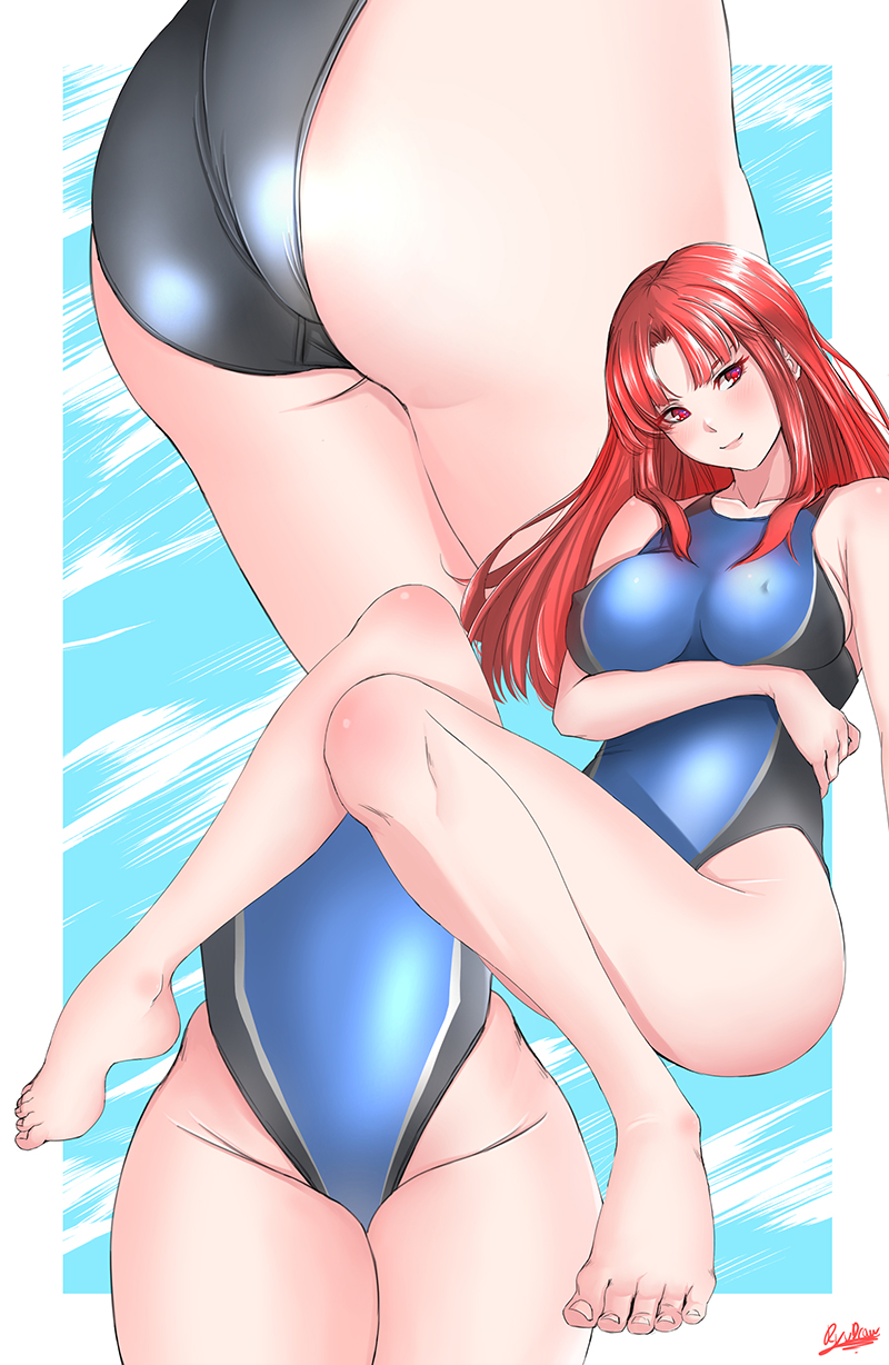 1girl arm_under_breasts artist_name ass bangs barefoot blush breasts collarbone competition_swimsuit covered_nipples crotch_seam feet groin hair_intakes hand_up head_tilt highleg highleg_swimsuit highres hip_bones knees_together_feet_apart knees_up large_breasts long_hair looking_at_viewer multiple_views one-piece_swimsuit original outside_border parted_bangs red_eyes redhead ryudraw shiny shiny_clothes sideboob sidelocks signature smile swimsuit