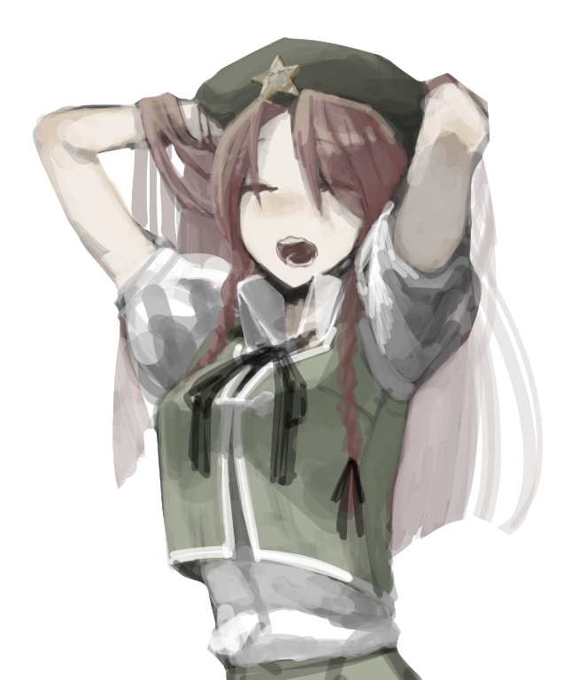 1girl arms_up bangs beret black_neckwear braid breasts bronze_liver closed_eyes collared_shirt cowboy_shot eyes_visible_through_hair green_headwear green_vest hand_in_hair hands_in_hair hat hong_meiling long_hair medium_breasts neck_ribbon open_mouth parted_bangs puffy_short_sleeves puffy_sleeves redhead ribbon shirt short_sleeves side_braids simple_background solo star_hat_ornament straight_hair teeth touhou traditional_media twin_braids vest wavy_mouth white_background white_shirt yawning