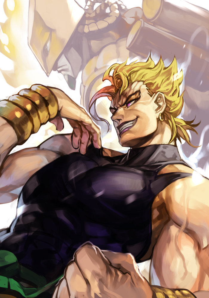 2boys abs bare_shoulders black_shirt blonde_hair clenched_hand dio_brando earrings hankuri jewelry jojo_no_kimyou_na_bouken lipstick makeup male_focus multiple_boys muscle pants purple_lips shirt smile stand_(jojo) the_world vampire violet_eyes