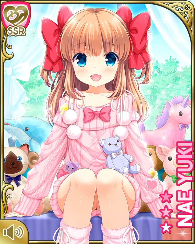 1girl blue_eyes bow brown_hair character_name girlfriend_(kari) hair_bow kneehighs long_hair no_pants official_art open_mouth pink_legwear pink_sweater qp:flapper ribbon sitting smile solo stuffed_animal stuffed_toy sweater teddy_bear turtleneck two_side_up yuuki_nae