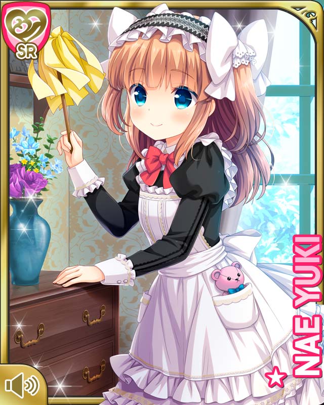 1girl apron black_shirt blue_eyes bow brown_hair character_name chest_of_drawers cleaning duster flower girlfriend_(kari) hair_bow hairband lolita_hairband long_hair maid maid_headdress official_art qp:flapper ribbon shirt skirt solo stuffed_toy two_side_up vase white_apron white_skirt window yuuki_nae