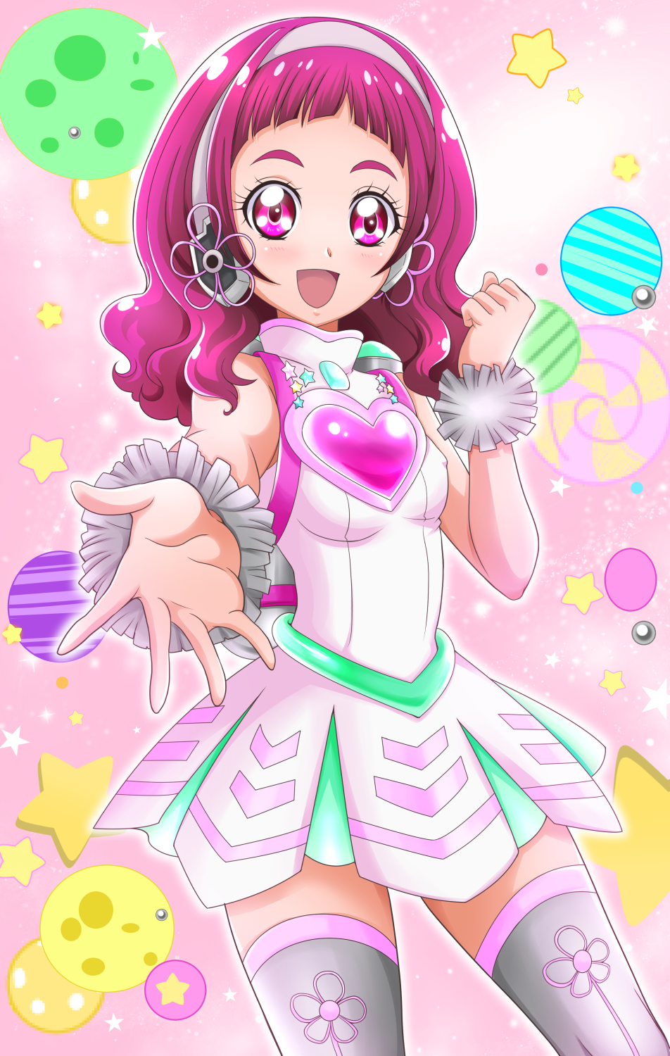 1girl :d alternate_costume bangs breasts covered_nipples cowboy_shot dress grey_legwear hanzou headphones highres hugtto!_precure long_hair looking_at_viewer nono_hana open_mouth outstretched_arm outstretched_hand pink_eyes pink_hair precure reaching_out shiny shiny_hair short_dress sleeveless sleeveless_dress small_breasts smile solo standing thigh-highs white_dress zettai_ryouiki