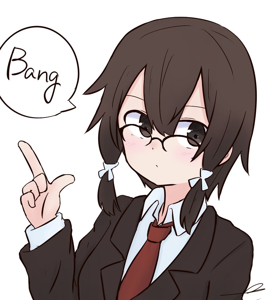 1girl asada_shino bangs black-framed_eyewear black_jacket blush brown_eyes brown_hair closed_mouth collared_shirt commentary_request english_text eyebrows_visible_through_hair finger_gun glasses hair_between_eyes hair_ribbon hand_up jacket kujou_karasuma long_sleeves looking_at_viewer low_twintails necktie over-rim_eyewear red_neckwear ribbon semi-rimless_eyewear shirt signature simple_background solo speech_bubble sword_art_online twintails upper_body white_background white_ribbon white_shirt