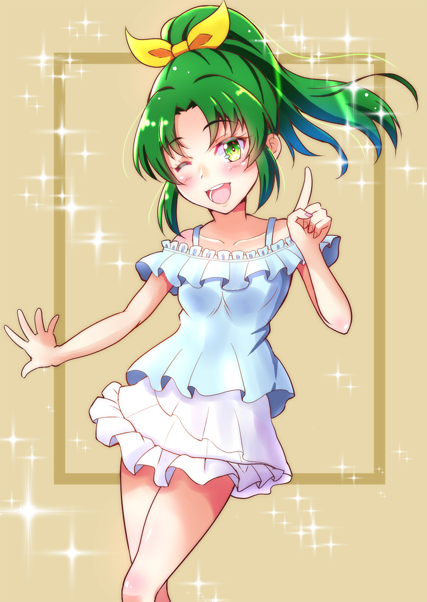 1girl ;d bangs blue_shirt blush bow brown_background eyebrows_visible_through_hair green_eyes green_hair hair_bow hair_intakes high_ponytail highres index_finger_raised kaatsukun long_hair looking_at_viewer midorikawa_nao miniskirt off-shoulder_shirt off_shoulder one_eye_closed open_mouth outstretched_hand precure shiny shiny_hair shirt skirt smile smile_precure! solo sparkle standing white_skirt yellow_bow