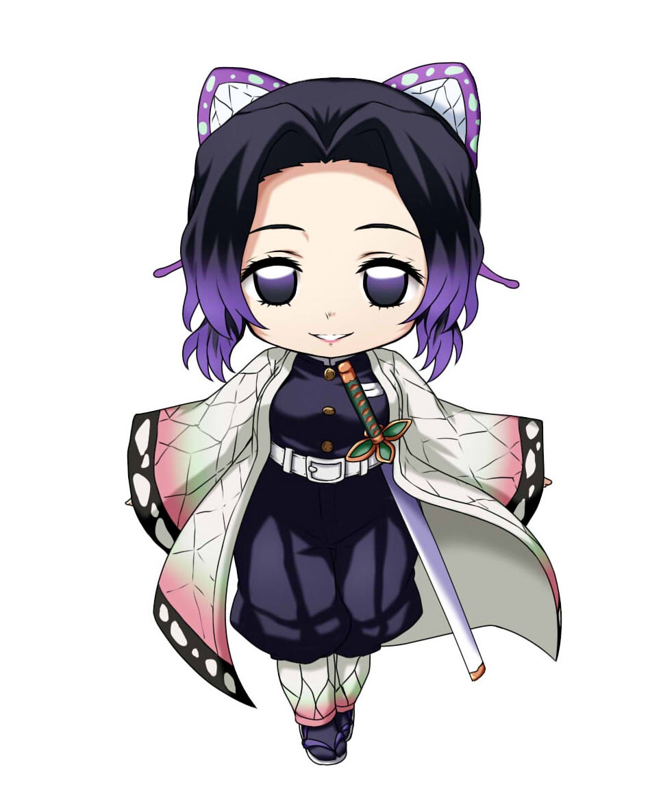 1girl bangs belt belt_buckle black_hair black_jacket black_pants breasts buckle butterfly_hair_ornament chibi forehead full_body gradient_hair hair_ornament jacket katana kimetsu_no_yaiba kochou_shinobu kuena long_sleeves looking_at_viewer medium_breasts multicolored_hair open_clothes open_jacket pants parted_bangs parted_lips puffy_pants purple_hair sheath sheathed simple_background sleeves_past_wrists solo standing sword violet_eyes weapon white_background white_belt wide_sleeves