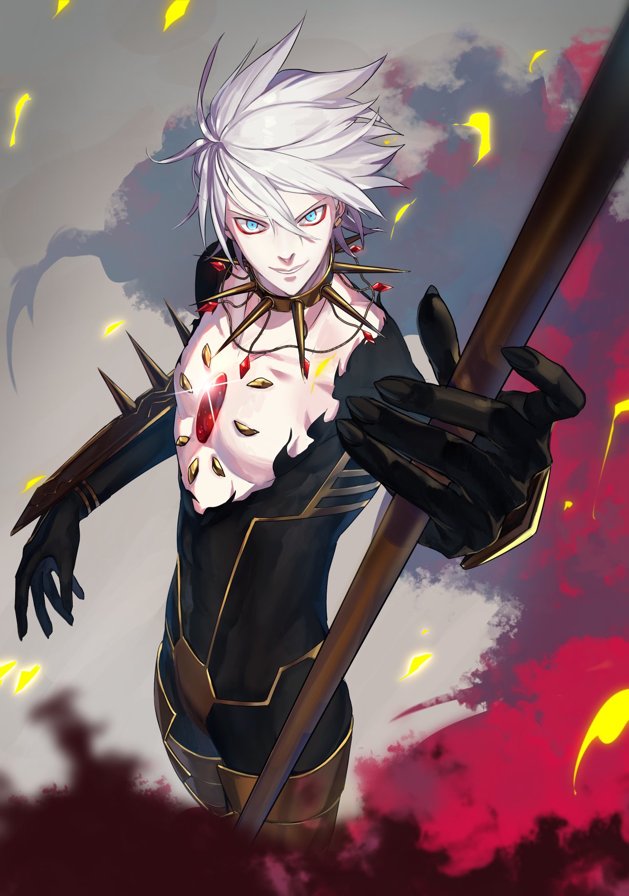 1boy blue_eyes bodysuit cape chest_jewel collar fate/apocrypha fate_(series) fingernails highres holding_polearm karna_(fate) looking_at_viewer male_focus ono_matope pale_skin solo spiked_collar spikes white_hair