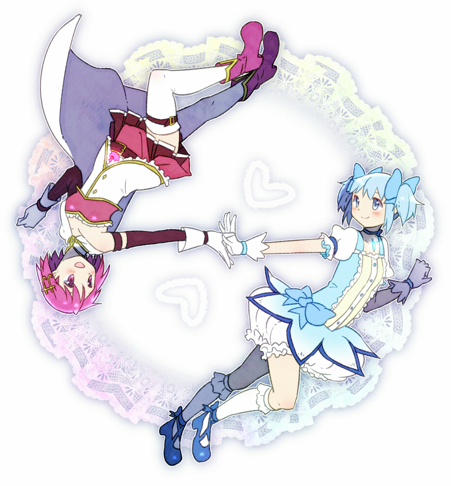 2girls :d alternate_color belt blue_eyes blue_footwear blue_hair blue_neckwear blue_ribbon blush boots breasts bubble_skirt choker collarbone color_switch dot_nose fortissimo fortissimo_hair_ornament full_body gloves hair_ornament hair_ribbon hairclip hands_together happy heart heart_background kaname_madoka kirikuchi_riku looking_at_another mahou_shoujo_madoka_magica medium_breasts miki_sayaka multiple_girls open_mouth outstretched_arm pink_footwear pink_hair puffy_short_sleeves puffy_sleeves red_skirt ribbon short_hair short_sleeves short_twintails simple_background skirt smile socks soul_gem strapless thigh-highs twintails upside-down white_background white_gloves white_legwear white_skirt