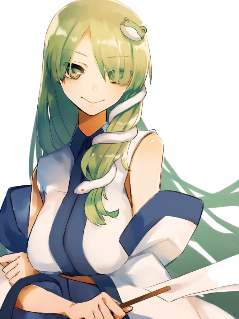 1girl bangs breast_hold breasts bronze_liver closed_eyes crossed_arms detached_sleeves eyes_visible_through_hair frog_hair_ornament gohei green_eyes green_hair hair_ornament kochiya_sanae large_breasts long_hair looking_at_viewer nontraditional_miko parted_bangs simple_background smile snake_hair_ornament solo straight_hair touhou upper_body white_background wide_sleeves